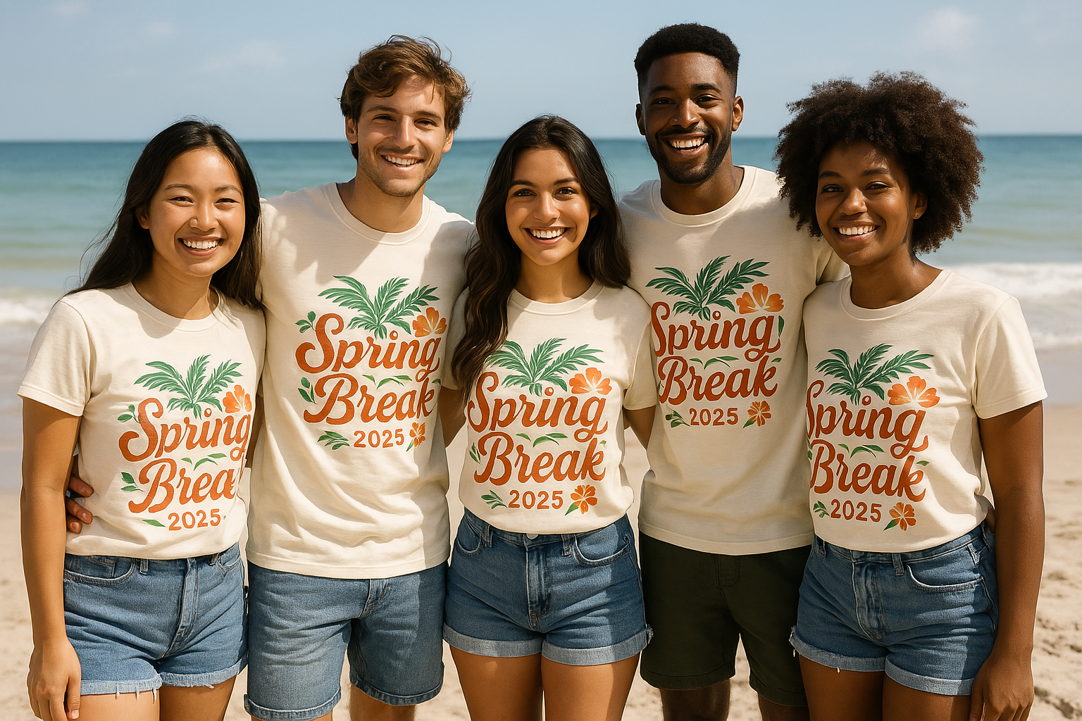 spring breakers on the beach in custom shirts